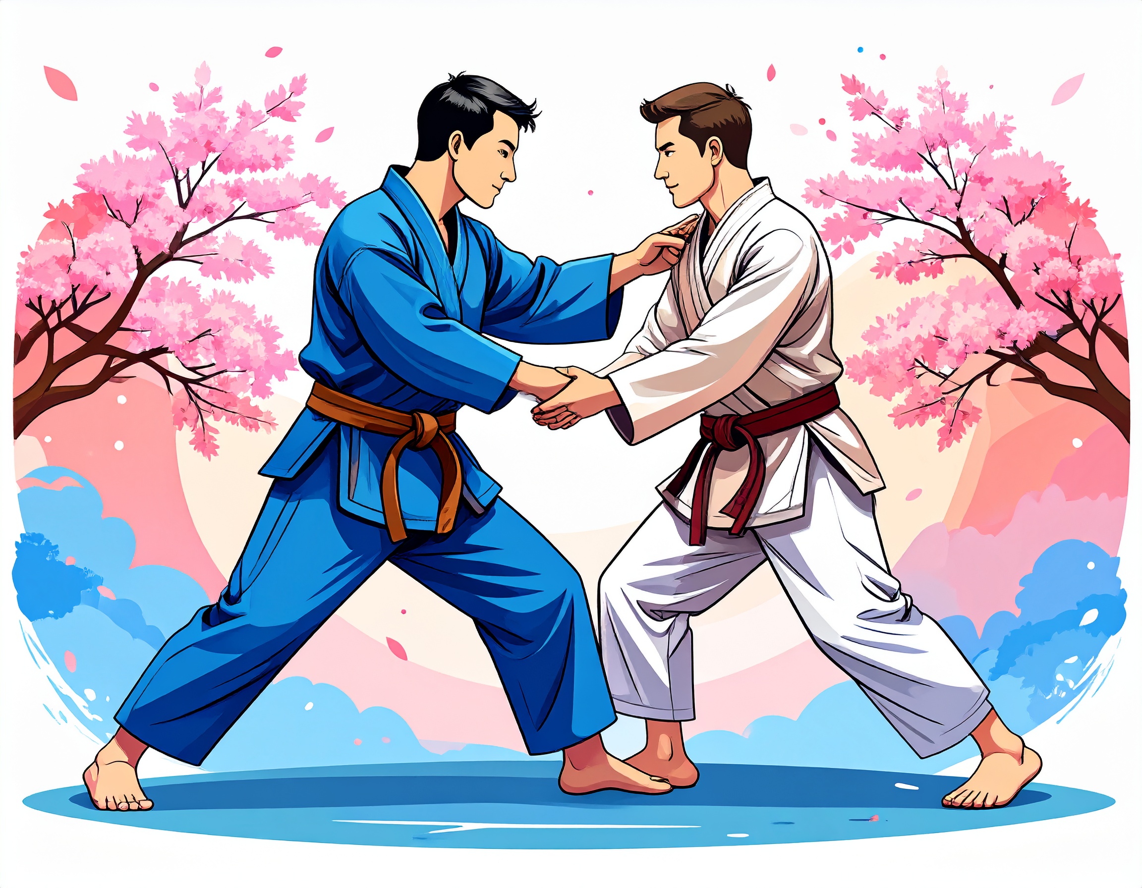Image of 2 men engaged in aikido with cherry blossoms in the background